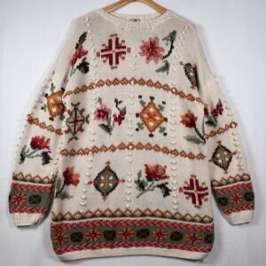 Vintage 80's Hand Knit Slouchy Sweater Flowers Cottagecore Grandma Boho sz Large
